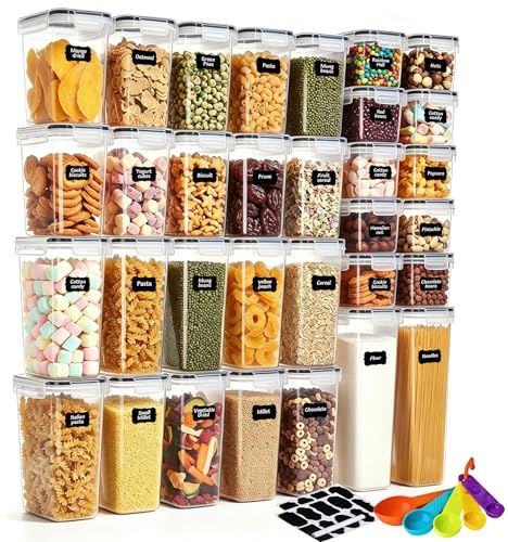 stusgo 32 Pack Airtight Food Storage Containers with Lids, BPA Free Clear Plastic Pantry Storage Containers, Kitchen Pantry Organizers for Cereal, Flour, Sugar, Dry Food