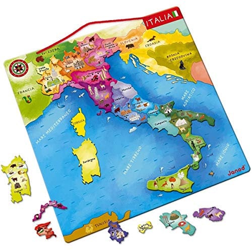 Janod Italienkarte, magnetisch, Puzzle für Kinder aus Holz, 20 magnetische Teile, Entdecken und Merken, Geographie-Lernspiel, ab 7 Jahren, J05488, Naturholz