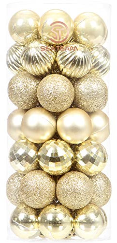Sea Team 46-Pack Christmas Ball Ornaments with Strings, 30mm/1.18 Mini Size Baubles, Shatterproof Plastic Christmas Bulbs, Hanging Decorations for Xmas Tree, Holiday, Wedding, Party, Gold