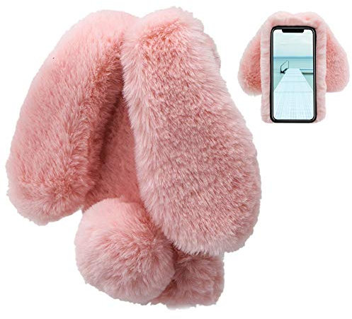 LCHDA iPhone XR Rabbit Case 6.1 inch 2018,iPhone XR Rabbit Fur Case Bunny Ear Phone Case For Girls Fuzzy Cute Warm Winter Soft Furry Fluffy Ball Fur Hair Plush Protective TPU Bumper Cover-Pink