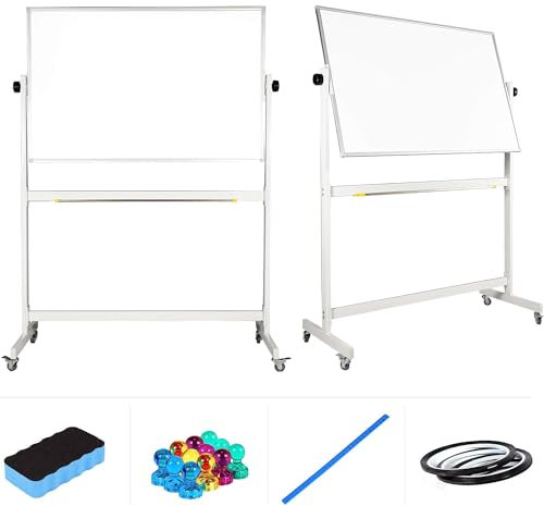 Flybold Rolling Whiteboard with Stand 48x32 Large - Portable White Board on Wheels Double Sided - Wall Mount or Mobile Dry Erase Board with Accessories for Home Office Presentation, Writing, Coaching
