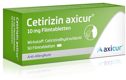 Cetirizin axicur 10 mg Filmtabletten, Linderung von Heuschnupfen und verbundener Beschwerden wie Schwellungen, Rötungen und Juckreiz der Haut, geeignet zur Behandlung ganzjähriger Allergien, 50 St