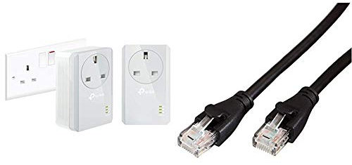 TP-Link TL-PA4010PKIT Passthrough Powerline Adapter Starter Kit, No Configuration Required, UK Plug, Pack of 2 & Amazon Basics RJ45 CAT6 Ethernet LAN Patch Cable (3 m / 10 Feet) [1,000 Mbps (1 Gbps)]