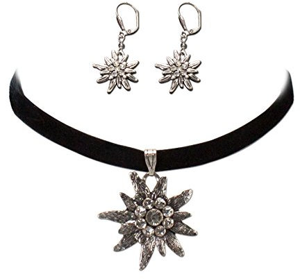 Schmuckset Trachtenkette Samt & Edelweiß-Ohrhänger gross - Damen Samt-Kropfband und Ohrringe, Kropfkette elastisch, Trachtenohrringe für Trachtenbluse, Dirndlkette enganliegend, Oktoberfest (schwarz)