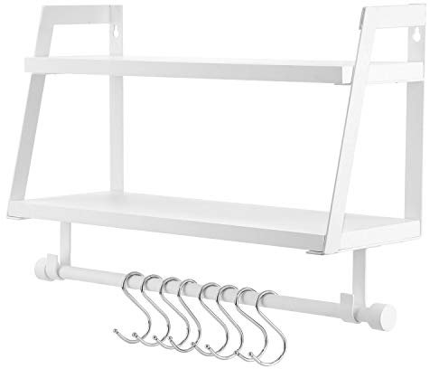 Vencipo Wandregal Holz für Organizer Küche Gewürzregal mit 8 Metall Haken, Weiß Regal Wand für Badezimmer Aufbewahrungs mit Handtuchhalter. Bücherregal Holz für Wanddeko Kinderzimmer.