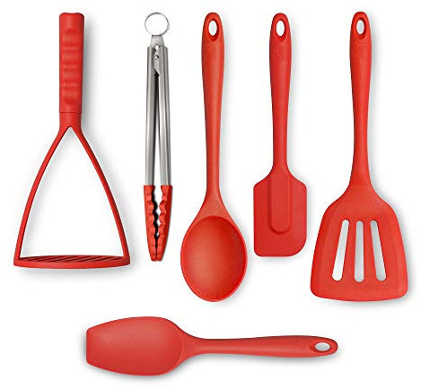 Zeal JSET47R Non-Stick Silicone Tongs, Turner, Cooks Spoon, Spatula & Masher 6-Piece Set-Red