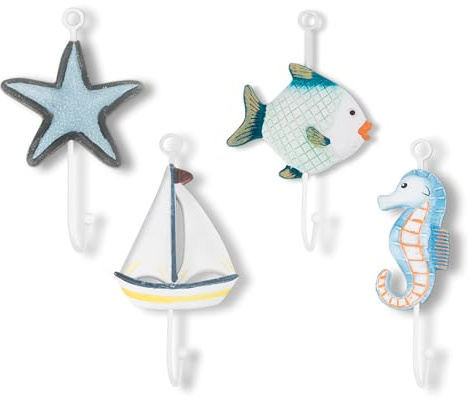 Kyien 4-teiliges Set Strandthema Wandhaken Dekoration Haken Seestern Segelboot Fisch Seepferdchen Kleiderhaken Für Handtuch Kleidung Hut