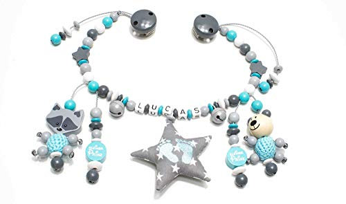 Kinderwagenkette mit Namen Junge grau türkis Teddy Knisterstern
