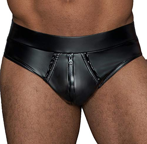 Noir Handmade Men Collection Herren Dessous Wetlook Slip in schwarz Shorts mit durchgehendem Reißverschluss und elastischem Bund
