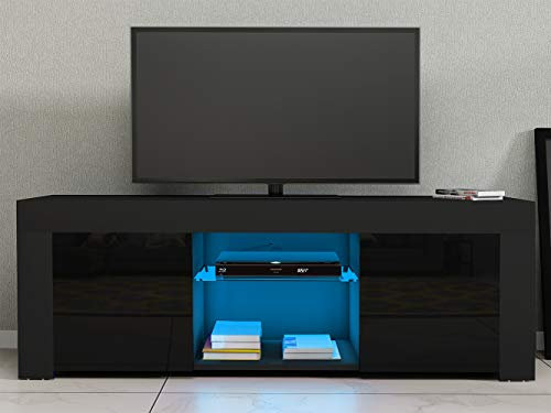 TV Stand Television Stands TV Console Unit 2 Doors Storage Cabinets With Glass Shelf RGB LED Lighted for TVs up to 50Inches (Black)