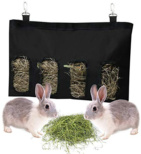 Kaninchen Heutasche Meerschweinchen Futterstation Futterspender Kleintiere Heutasche Futtersack für Hase Chinchilla Hamster Kleine Tiere (4 Fenster, Schwarz)