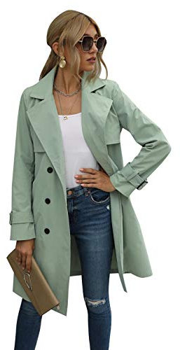 Geagodelia Cappotto Donna Primaverile Doppiopetto Lungo Cappotto Classico Antivento Giacca Autunnale Trenchcoat S-XL (Verde, m)