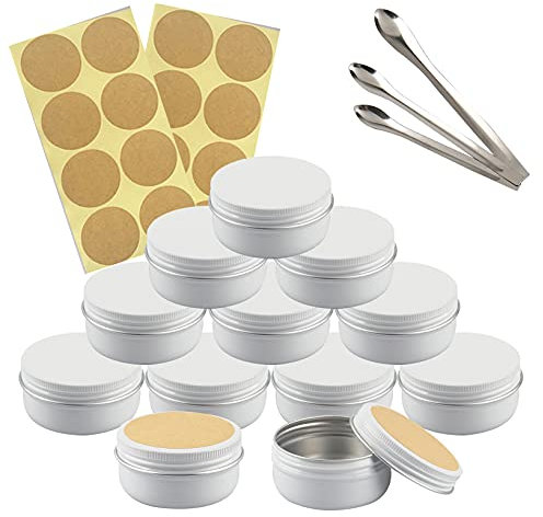 TIANZD 100 Pièces 60 ml Vide Rond Blanc Pots en Aluminium Cosmétiques Pot Canettes Bocaux Conteneurs 60ml for Fait Main Bougies Crème Baume Voyage, 3x aluminium cuillère, 100x Étiquettes
