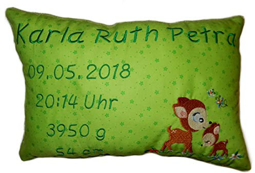 Momelie Grünes Schmusekissen * Kuschelkissen * Rehe * mit Namen Bestickt * 25 x 40 cm * SK-gn_0058