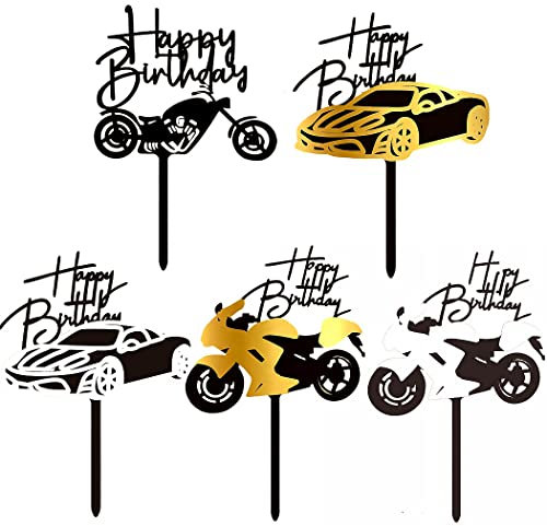 Ouceanwin 5 Pcs Tortendeko Happy Birthday Schwarz Gold Cake Topper Motorrad Acryl Kuchen Topper Glitter Geburtstagstorte Dekoration, Kuchendeko Geburtstag Torte Topper für Männer Junge