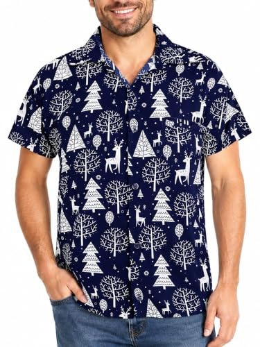 King Kameha Funky-Hawaii-Hemd, Weihnachten, Herren, Kurzarm, Christmas-Reindeer-Allover, Blau, 6XL
