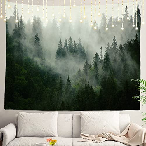 Shrahala Grauer geheimnisvoller Wald-Wandteppich, grüner Nebel, Wandbehang, großer Wandteppich, Dekoration, Polyesterfaser, weißer Saum, für Schlafsaal, 150 x 210 cm