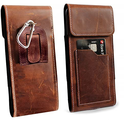 MOELECTRONIX ECHT Leder VERTIKAL Hüft Gürtel Tasche passend für Gigaset GX6 | Gürteltasche mit Karabinerhaken, Clip und Schlaufe | Seiten Quer Schutz Hülle Ledertasche | XL Braun