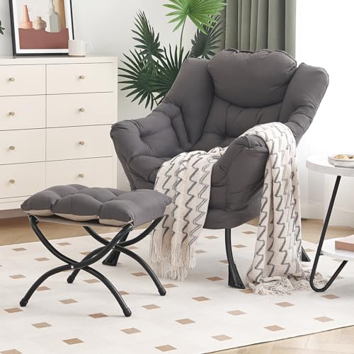 Furlide Lazy Chair with Ottoman, Modern Chair with Folding Footrest, Dark Grey Accent Chair, Comfortable Reading Chair, Oversized Armchairs for Bedroom, Study, Living Room, Courtyard