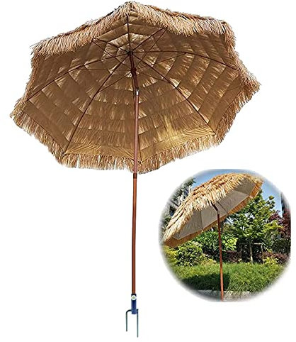 Yesbon Thatched Tiki Parasol, garden beach umbrella Raffia Straw Umbrella Thatched Parasol Hawaiian Style Can Tilt Portable Tiki Hut Parasol for Garden, Patio and Poolside,1.6m