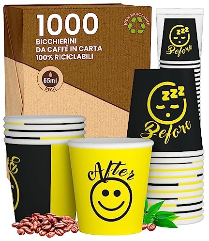 1000 vasos de papel para café de 65 ml DownupCUP Yellow – Vasos ecológicos biodegradables desechables para llevar bebidas calientes