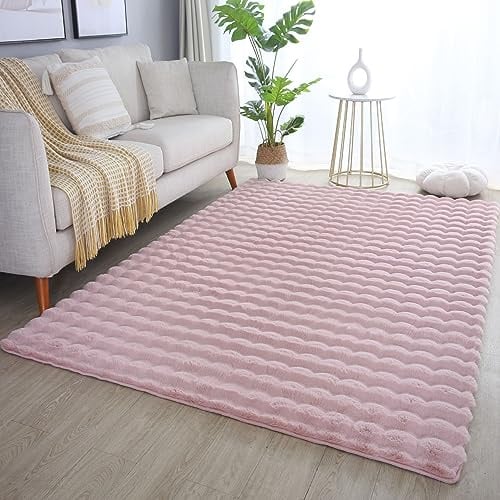 Carpetsale24 Teppich Läufer 80x250 cm Rosa, Flauschiger Kunstfell Teppich in Felloptik mit Hoch-Tief Struktur & Bubble-Design, Super Weich, Plüschig für Wohnzimmer & Schlafzimmer