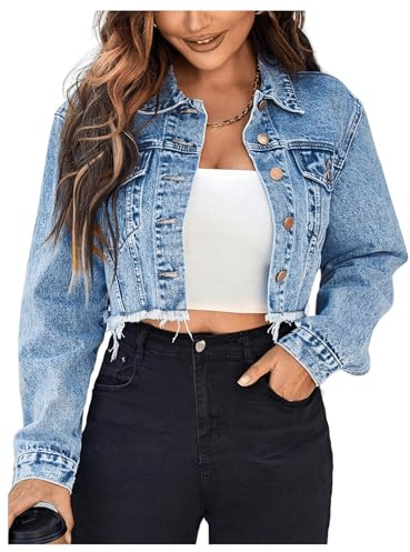 Floerns Women's Raw Hem Long Sleeve Button Down Pocket Cropped Denim Jean Jacket M