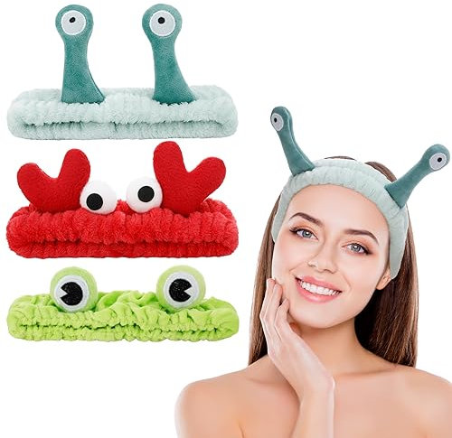 Apricitie Lot de 3 bandeaux de lavage du visage, bandeau de spa bandeau de maquillage corail polaire bandeaux élastiques escargot grenouille crabe bandeau pour le lavage du visage, le sport, la beauté