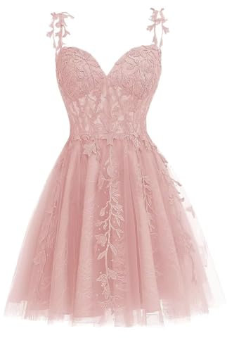 WSEYU Robe de soirée étudiante en tulle à bretelles spaghetti pour enfant - Robe de cocktail courte en dentelle - 2023 pour adolescents, rose poudré, 36