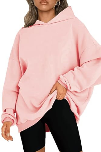 NEYOUQE Hoodie Damen Pullover Winter Langarm Solid Color Loose Sweatshirts Fleece Gefüttert Soft Casual Pulli Damen Rosa XXL 50-52