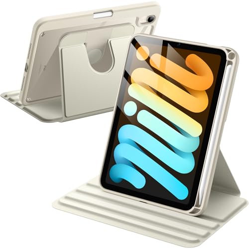 JETech Rotierende Hülle für iPad mini (A17 Pro, 2024 Modell, 7. Generation) / mini 6 (2021 Modell, 6. Generation) mit Stifthalter, Schutzhülle Ständer Transparente Rückseite (Polarstern)