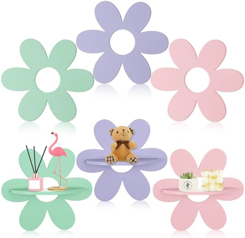 Tatuo 6 Pcs Daisy Flower Shaped Wall Floating Shelves, Small Cute Wooden Flower Shelf Wall Decor for Girls Bedroom, Nursery, Dorm and Living Room, Colorful Funky Kawaii Aesthetic Room Decor