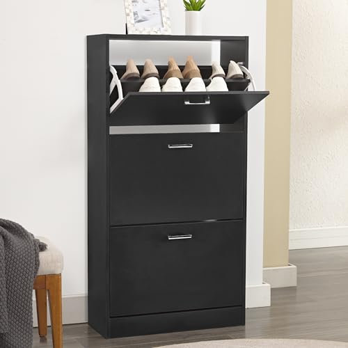 3 Drawer Shoe Storage Cabinet Pull Down Shoe Cabinet 3 Tier Shoe Rack Wooden Furniture Unit Cupboard Shoe Storage Organiser for Hallway Entryway, Living Rooms, Black, 60W x 24D x 118H cm