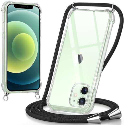 Oelrstfe handyband Hülle mit Band für iPhone 12 Mini, Handyband zum Umhängen Handy Umhängeband Transparent TPU Stoßfest Silikon Handyhülle mit Kette für iPhone 12 Mini, Schwarz