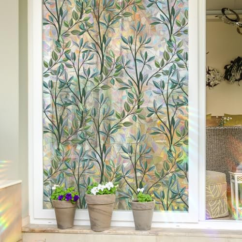 Runtoo Película de privacidad para ventana, diseño de hojas de plantas de arco iris, vinilo decorativo 3D para ventana, vidrieras, calcomanías de adherencia estática, no adhesiva, 15.75 x 40 pulgadas