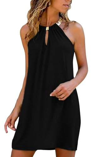 Hanaoops Vestido de Playa Mujer Verano Sin Mangas Corto Cuello Hálter Casual Elegante Vacaciones Color Sólido Tirantes