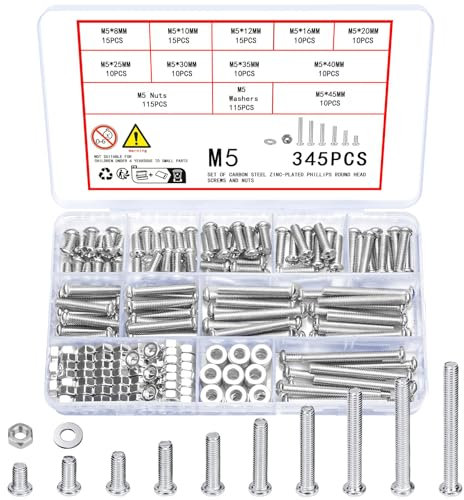 Vwoqiy 345 Piezas M5 Tornillos y Tuercas y Arandelas Kit, Tornillos de de Cabeza Alomada, Juego de Tornillos de Máquina con Tuercas y Arandelas, Tornillería Tornillos y Tuercas