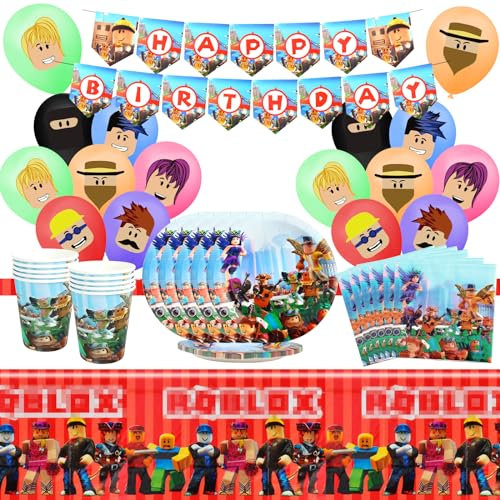 Roblo Cumpleaños Vajilla Fiesta, 57 Piezas Roblo Decoración de Cumpleaños, Vajilla Cumpleaños Infantil Roblo 10 Invitados, Roblo Globos, Pancarta, Platos, Manteles, Servilletas, Tazas