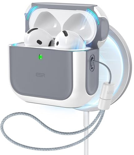 ESR for AirPods 4 Case, Compatible with AirPods 4th Generation Case (2024) (USB-C), Compatible with MagSafe, Drop Protection Cover with Lanyard, Magnetic Lid Lock, Orbit Hybrid Case, White