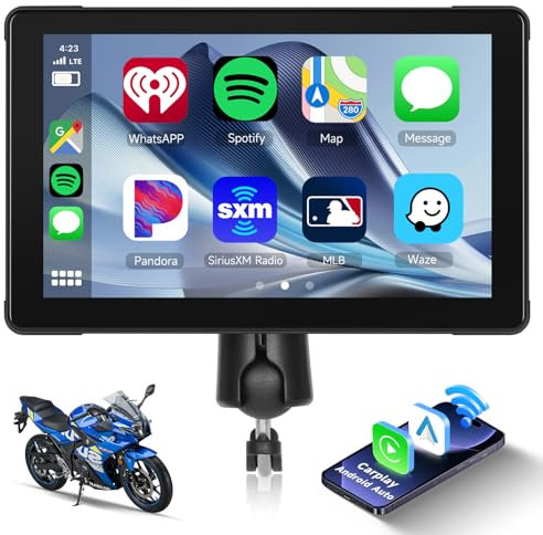 Hodozzy Moto GPS Inalámbrico Portátil Carplay&Android Auto para Motocicleta, Pantalla Carplay Moto de 7 Pulgadas con Bluetooth Dual para Motocicletas,IP67 Impermeable/Mirror Link/EQ/Control por Voz
