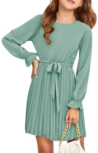 Haloumoning Abito da ragazza elegante a maniche lunghe per bambini, linea ad A, gonna a pieghe con scollo rotondo, abito midi fluente