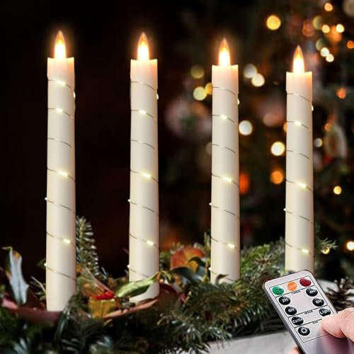 DANIP Flammlose kegelförmige Kerze mit Sternenlichtschnur, 11-Tasten-Fernbedienung, Timer, batteriebetrieben, simulierte Flamme, 4-Packungen, Weihnachtshaus und Hochzeitsdekoration (weiß)