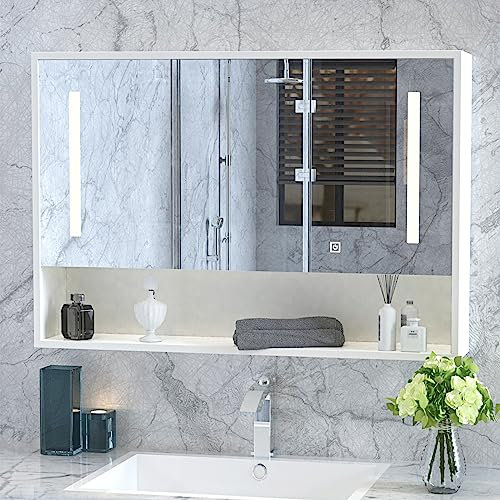 Msutree Bathroom Mirror Cabinet Wall Mounted Bathroom Mirror Cupboard Large Mirror Durable MDF Medicine Storage Space Saver for Shower Room (90cm Cabinet with LED)