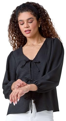 Roman Originals Plain Tie Front Woven Top for Women UK - Ladies Everyday Autumn Winter V-Neckline Comfy Soft Evening Vacation Work Party Night Out - Black - Size 20