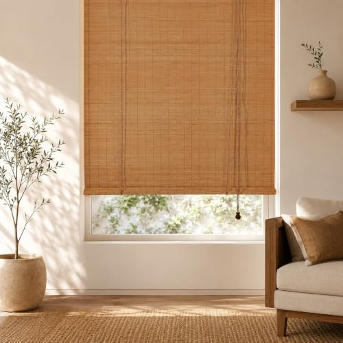 FoundGo Bamboo Blinds No drilling, Width x Height 110x120cm Retro Wooden Blinds Roman Bamboo Roll Up Curtain Light Filtering Shades for Windows, Indoor