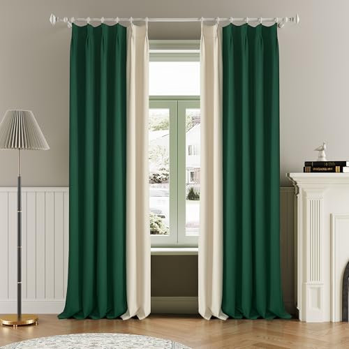 OYRING 274 cm Länge, Beige und Grün, zweifarbig, Plissee-Vorhänge, 2 Paneele mit Memory-Form, Raumverdunkelung, wärmeisoliert, Plissee-Vorhänge mit Haken für Wohnzimmer, B 42 x L 108 cm