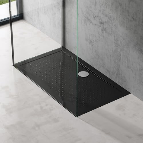 doporro Plato de Ducha Rectangular Antideslizante 70x120x4 cm – Acrílico Negro, Conexiones DIN, Instalación a Ras de Suelo – Lucia02