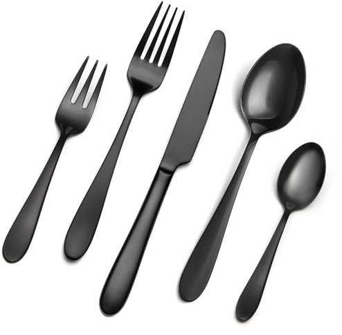 EIUBUIE Schwarzes Besteck Set 6 Personen, 30 Teiliges Premium Edelstahl Besteckset, Schwarzes Essbesteck mit Messer Gabeln Löffel, Elegantes Tafelbesteck für Familien/Party/Restaurant, Spiegelpoliert