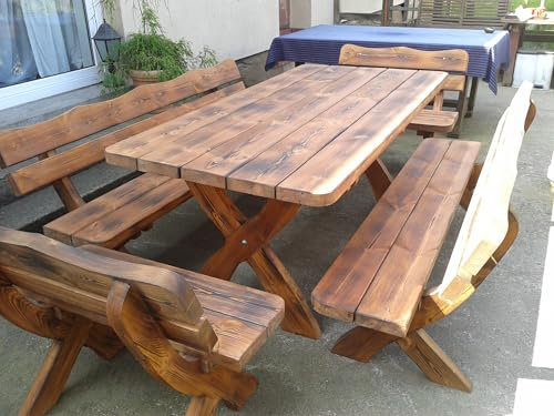 Generisch Gartenmöbel AR-OC Rustikale Gartenmöbel-Garnitur, Holz geflammt, 1 Tisch mit 4 Bänken