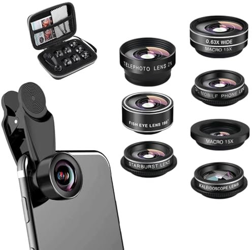 Kit d'objectif 7 en 1 pour Téléphone Portable, Fisheye à 198°, Grand Angle 0,63X, Macro 15X, CPL, Objectif Portrait 2X, Objectif kaléidoscope, Objectif Starlight, Objectif de Caméra pour Smartphone